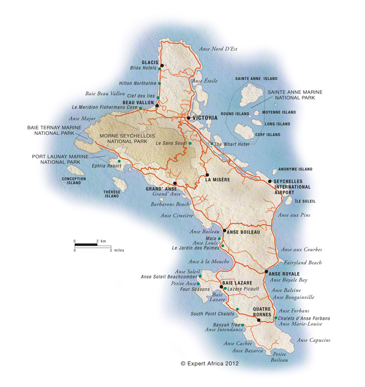 Mahe Island map - showing beaches, roads and beach lodges - Seychelles